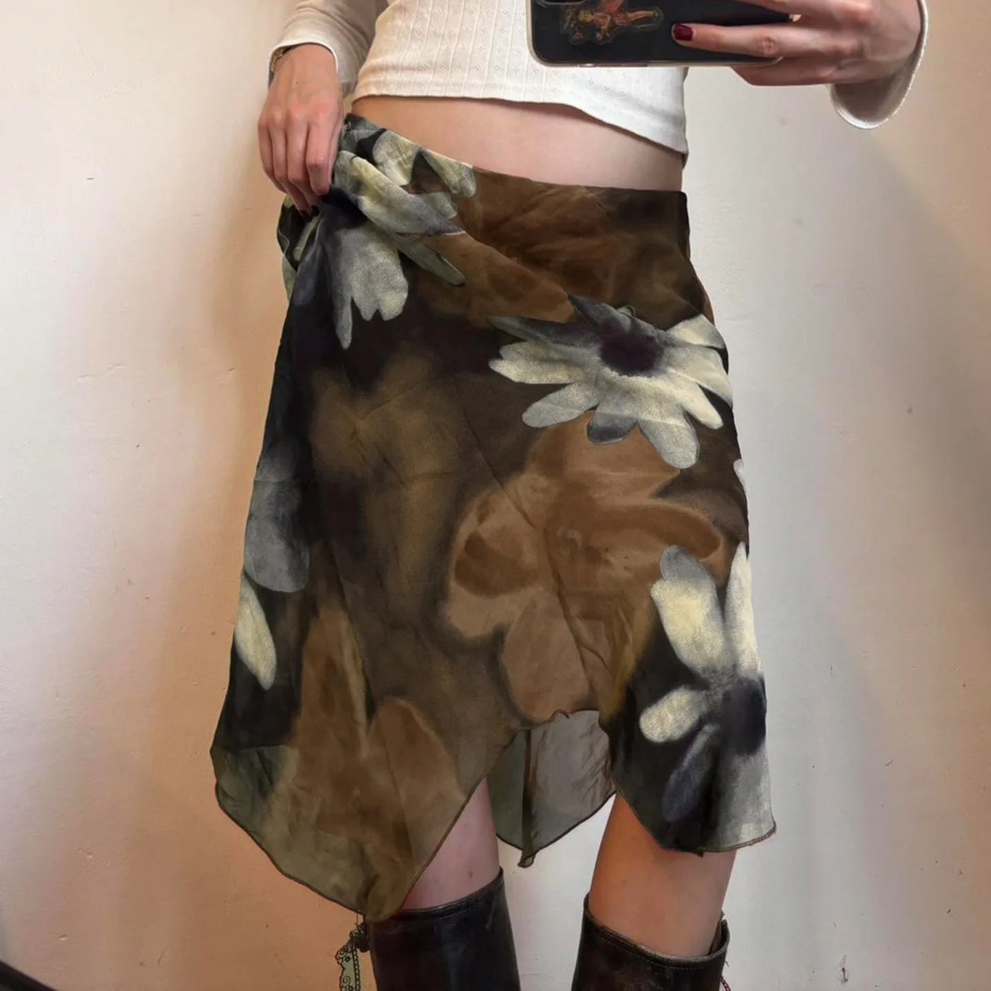 Retro Floral Printing Mesh Stitching Irregular Skirt Vacation Style Slim Low Waist Skirt