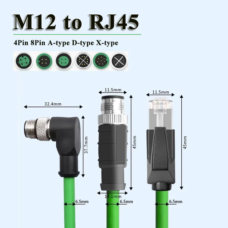 M12 CAT6 Shielded Ethernet Network Coding Cord Profinet Industrial Line 4 8 Pin A/D/X Type Male to Male to Female Extension Wire