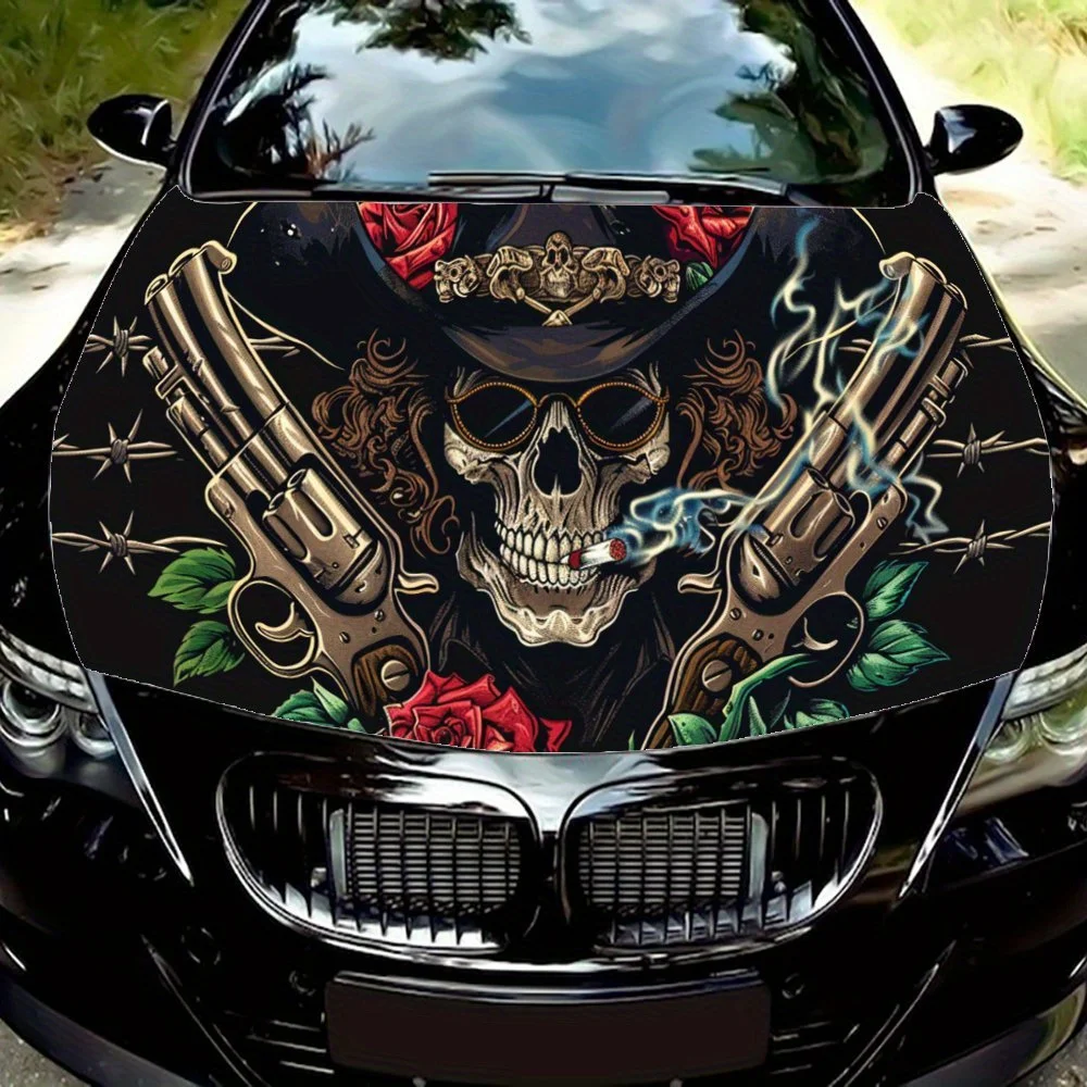 

Наклейка на капот автомобиля с пистолетом, цветком и черепом, прочные автомобильные виниловые обертки, подходящие для большинства автомобилей, защита капота двигателя автомобиля