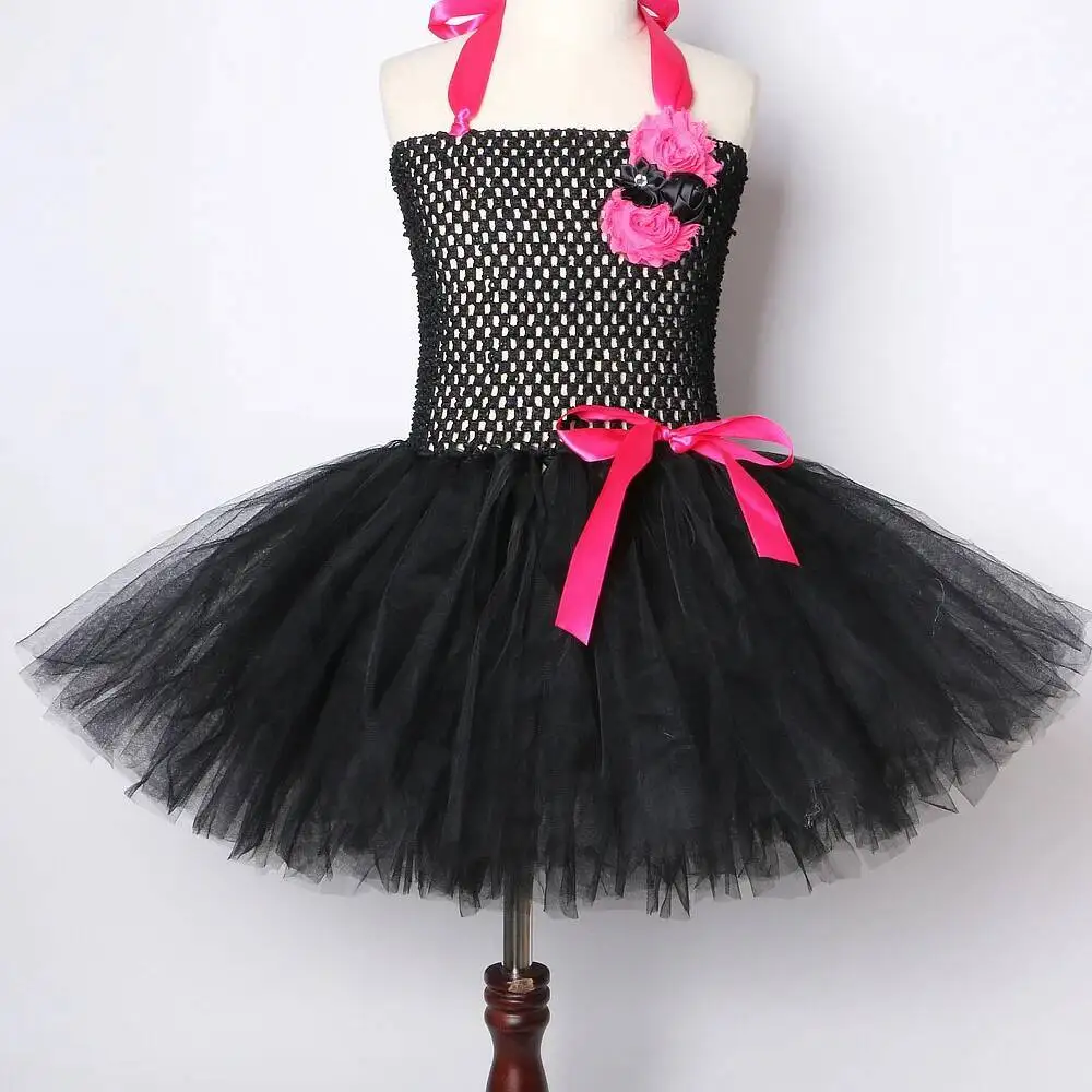Baby Girls Hot Pink Black Cat Costumes for Kids Animal Halloween Outfit Little Kitty Ballet Tutu Dress with Ears Bowtie Tail Set