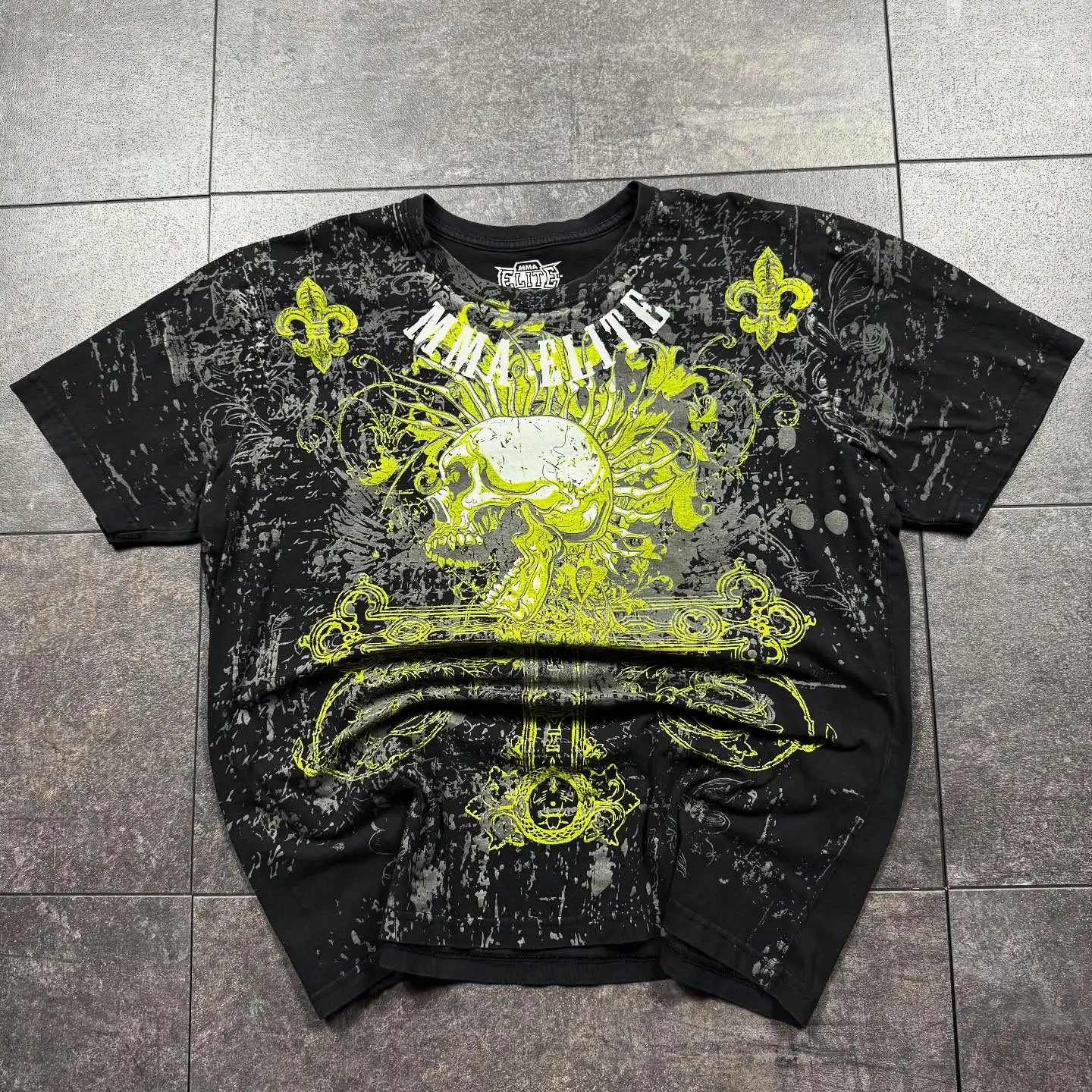 Vintage Elite Yellow Green Skull T-Shirt Grunge Retro Streetwear Oversized Cotton Tee Unisex Distressed Print Short Sleeve Top