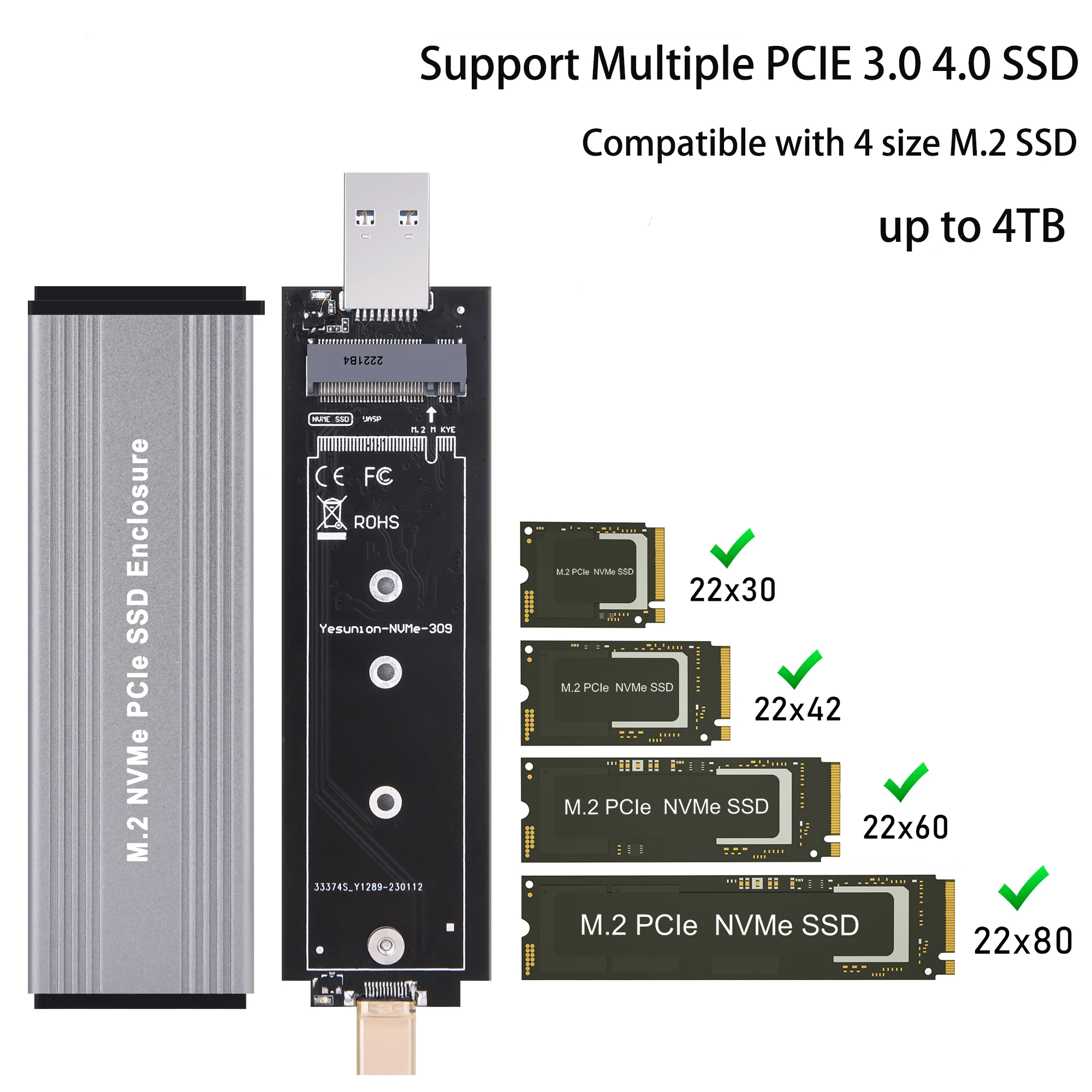 M.2 NVMe SSD Enclosure Adapter USB C 3.2 Gen 2 10Gbps NVME for M-Key 2230/2242/2260/2280M2 Aluminum External USB A M2 Reader