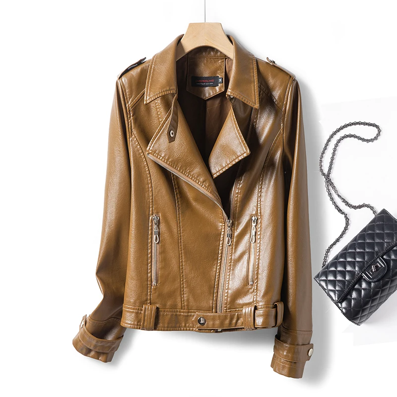 2025 New Women's ort Fit Leather Jaet Genuine eepskin Korean Sle Slimming Large Size Zipper Closure Commute Sle