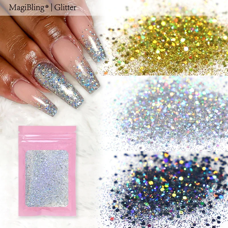 10g Holographic Laser Colorful Nail Glitter Nails Art Mixed Sequins Sparkly Mirror Chunky Flake 3D Paillette Manicure DIY Design