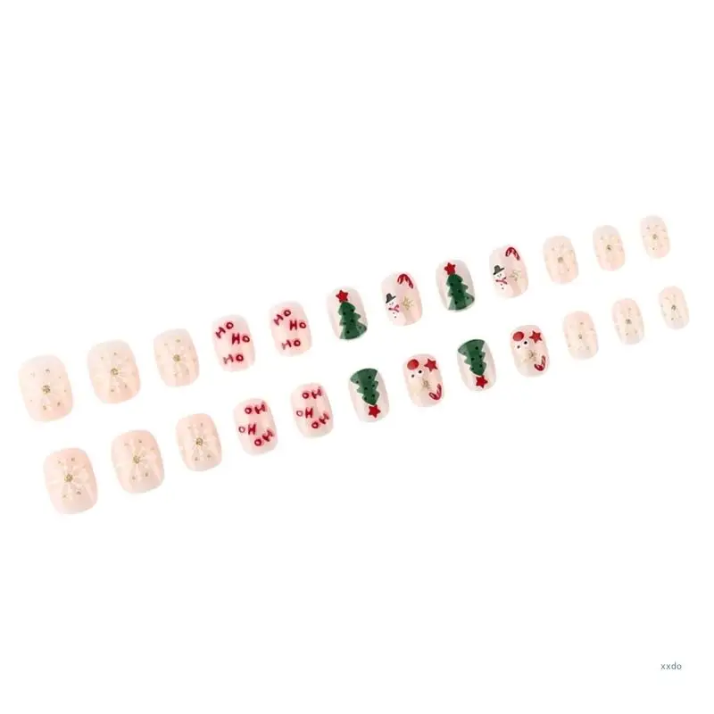 24Pcs Full Cover Christmas False Nails with Snowman and Tree Designs Press on Nail for Festive Manicure Art Decoration