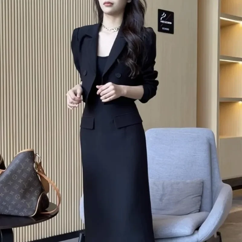 

Korean Autumn Fashion New Suit Collar Double-breasted Tops High-waist Slim Hip Suit Skirt Two-piece Trendy Set