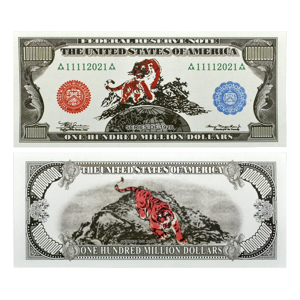 American Copy Tiger 1928 Years One Hundred Million Dollars Paper Banknotes 10PCS Serial Number Red Fluorescence Collection