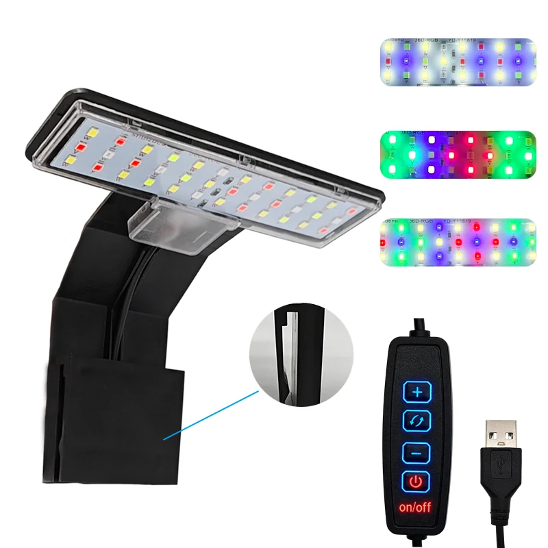 5W USB Square Clip On Aquarium LED Light, Full Spectrum RGB 3 Color Adjustable Dimmable High Brightness Lamp For Small Fish Tank