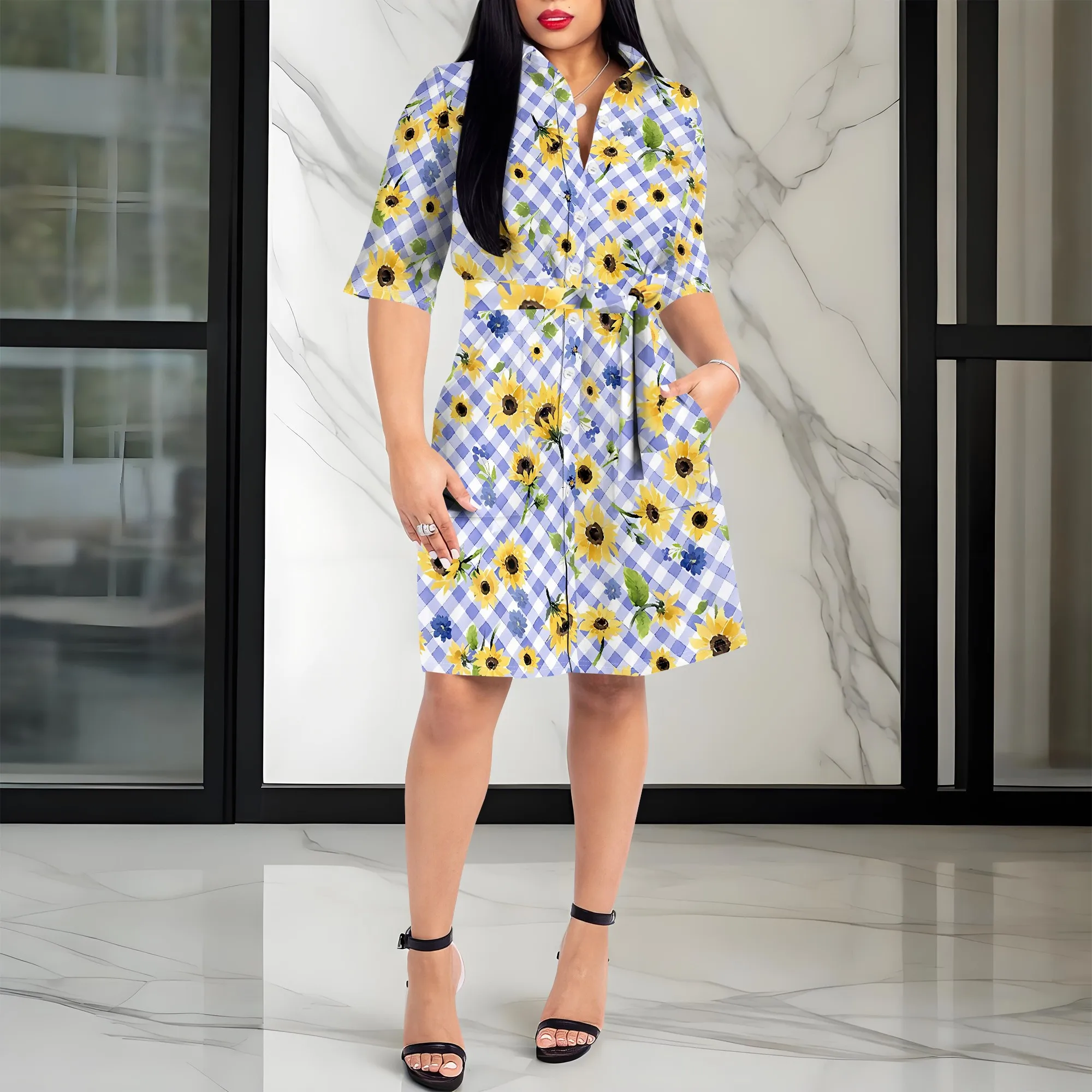 

Nupusa Sunflower Print Dress for Women Standard Size Summer Casual Shirt Collar Half Sleeve Dress
