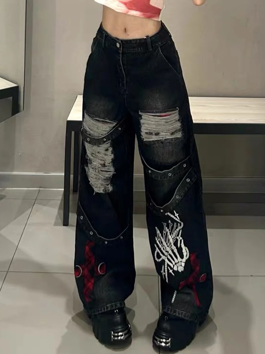 

High Waist Denim Jeans Women's Spring 2026 New Hole Visual Wide Leg Pants Millennium Sle Y2K Casual Fit Skull Pattern