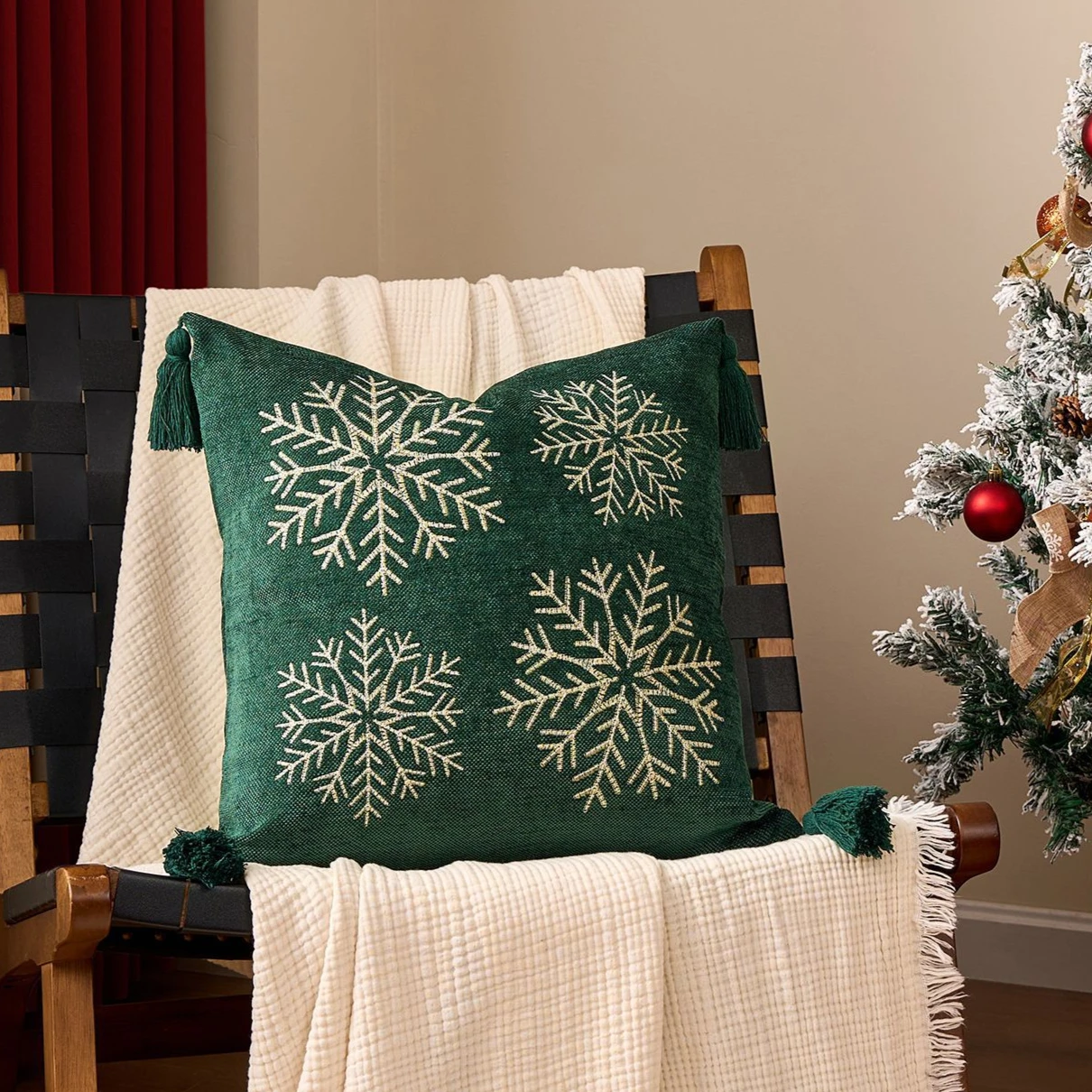 

Christmas Tree With Bell Cushion Cover Green Red Snowflakes Pompom Balls Embroidery Soft