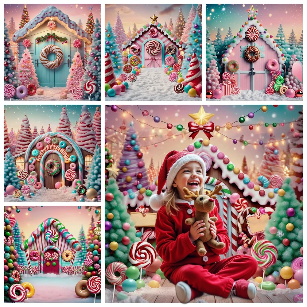 

MOON.QG Candy World Background Photography Pink Lollipop Cabin Christmas Custom Backdrop Kids Shooting Photobooth Photocall
