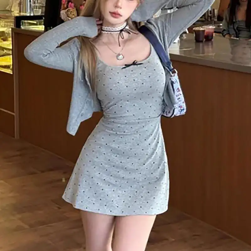 Gray Polka Dot Strapless Dress Women's Summer New Waist Cinching Slimming Inner A-Line Long Skirt Elegant Style High Waist