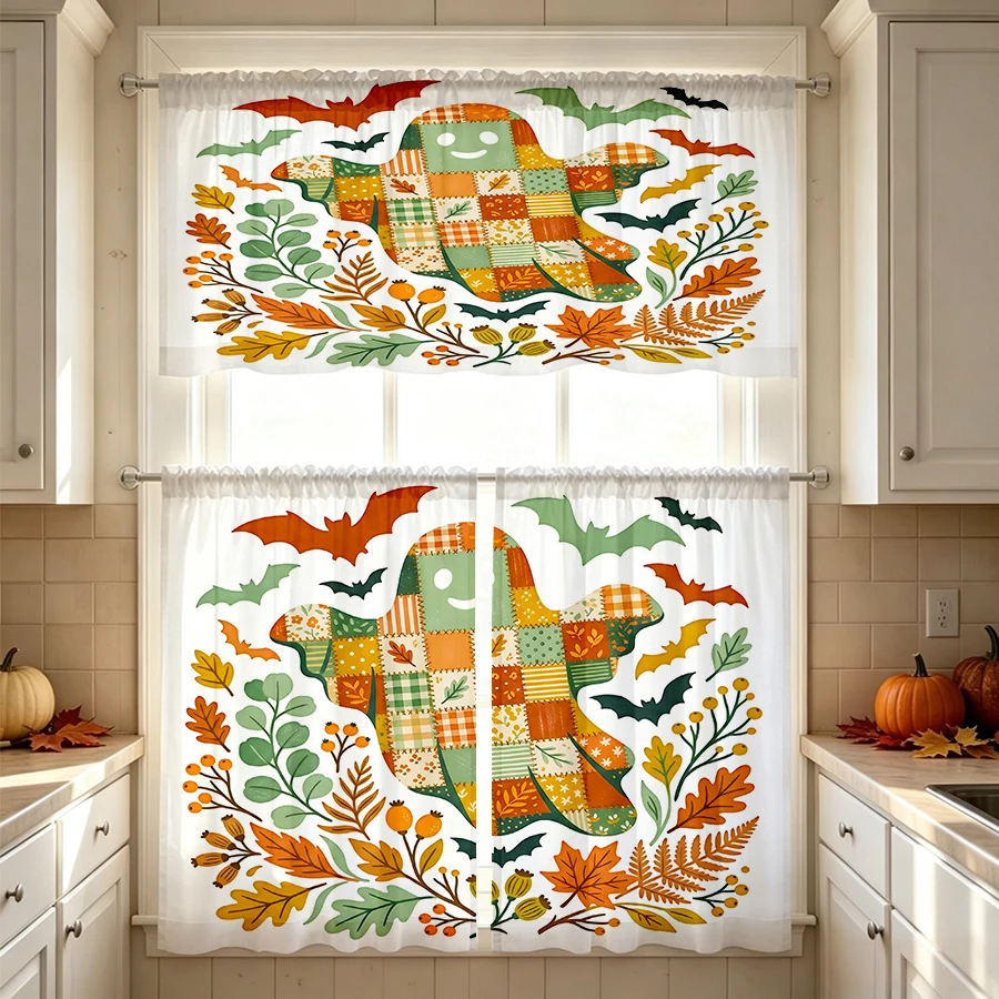 Halloween Fall Kitchen Curtains, Patchwork Ghost Maple, Digital Print, Kitchen Dining Room, Rod Pocket Polyester, Home Decor