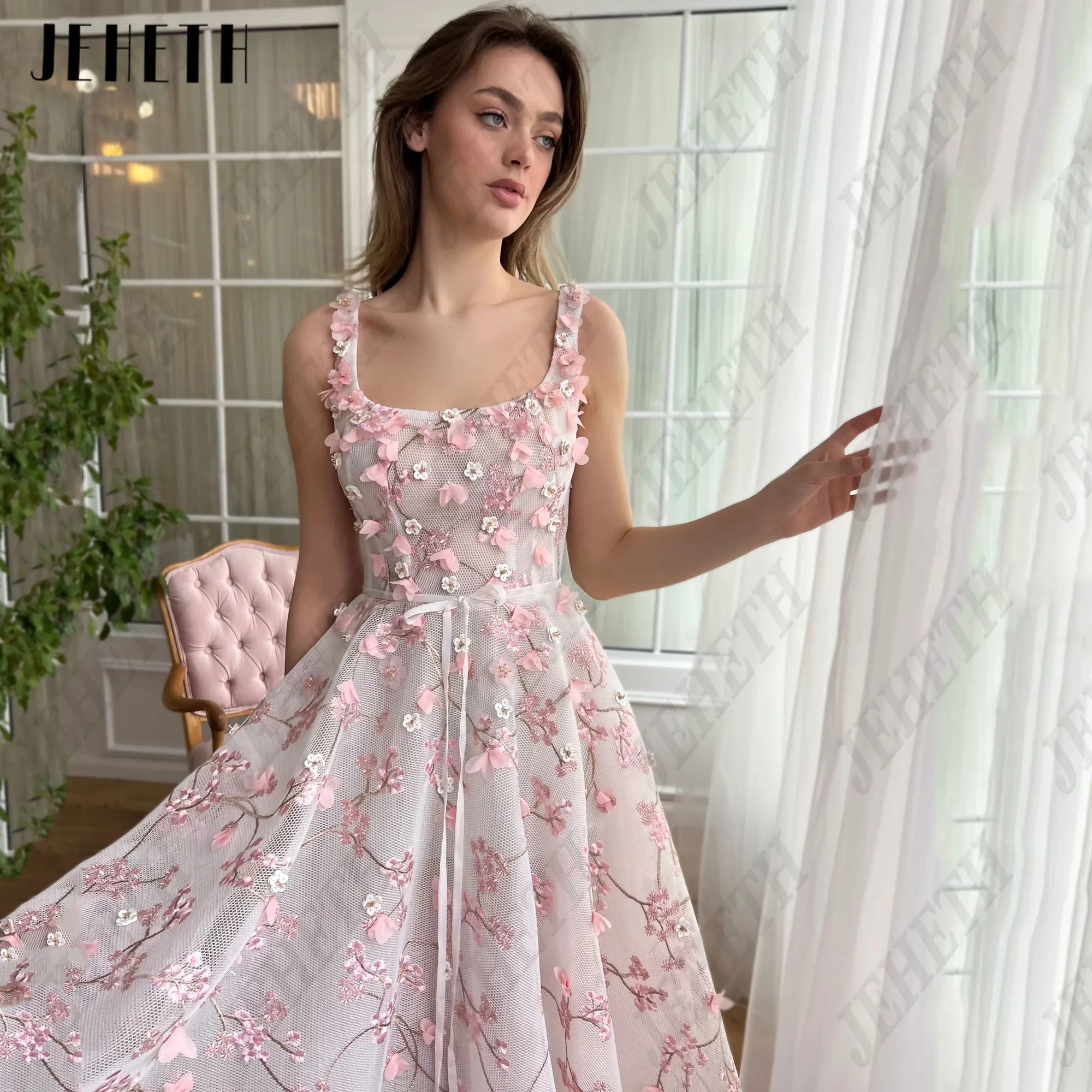 JEHETH Bordado Prom Vestidos Bolso A Linha Applique Rosa فساتين حفلة موسيقية Tornozelo Comprimento Vestido De Festa De Casamento 2025 PersonalizadoJEHETH Embracery Prom Dresses Bolso A Linha Applique Pink Concert Costu