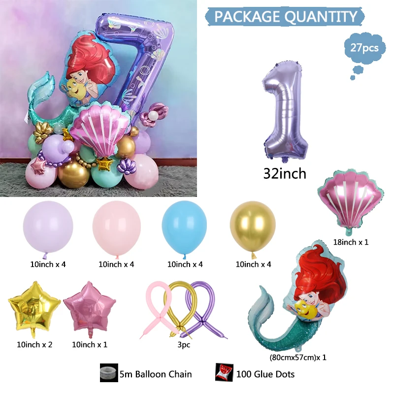 Disney Mermaid Princess Ariel Cartoon Purple Number Balloons 1-6 Year Foil Balloon Kids Shower Girl Birthday Party Decors Supply