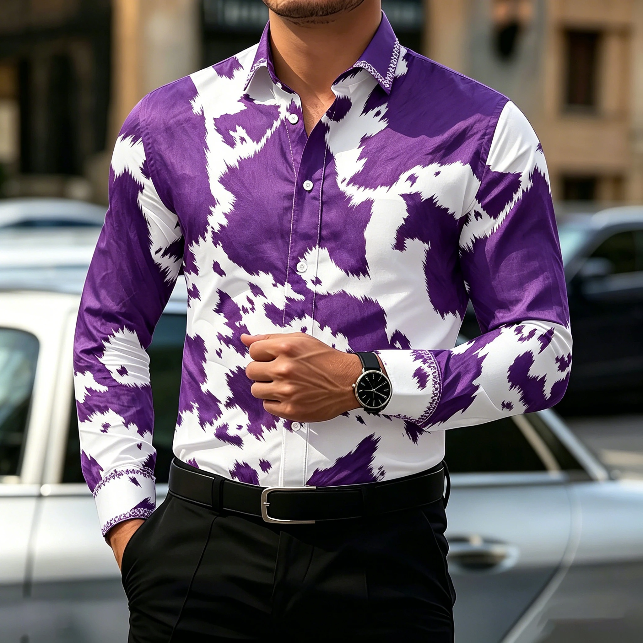 Men's Collared slim-fit long-sleeved Shirt  Cow Print Animal Print Shirt  Plus Size Western Street Style Business Cardigan top.