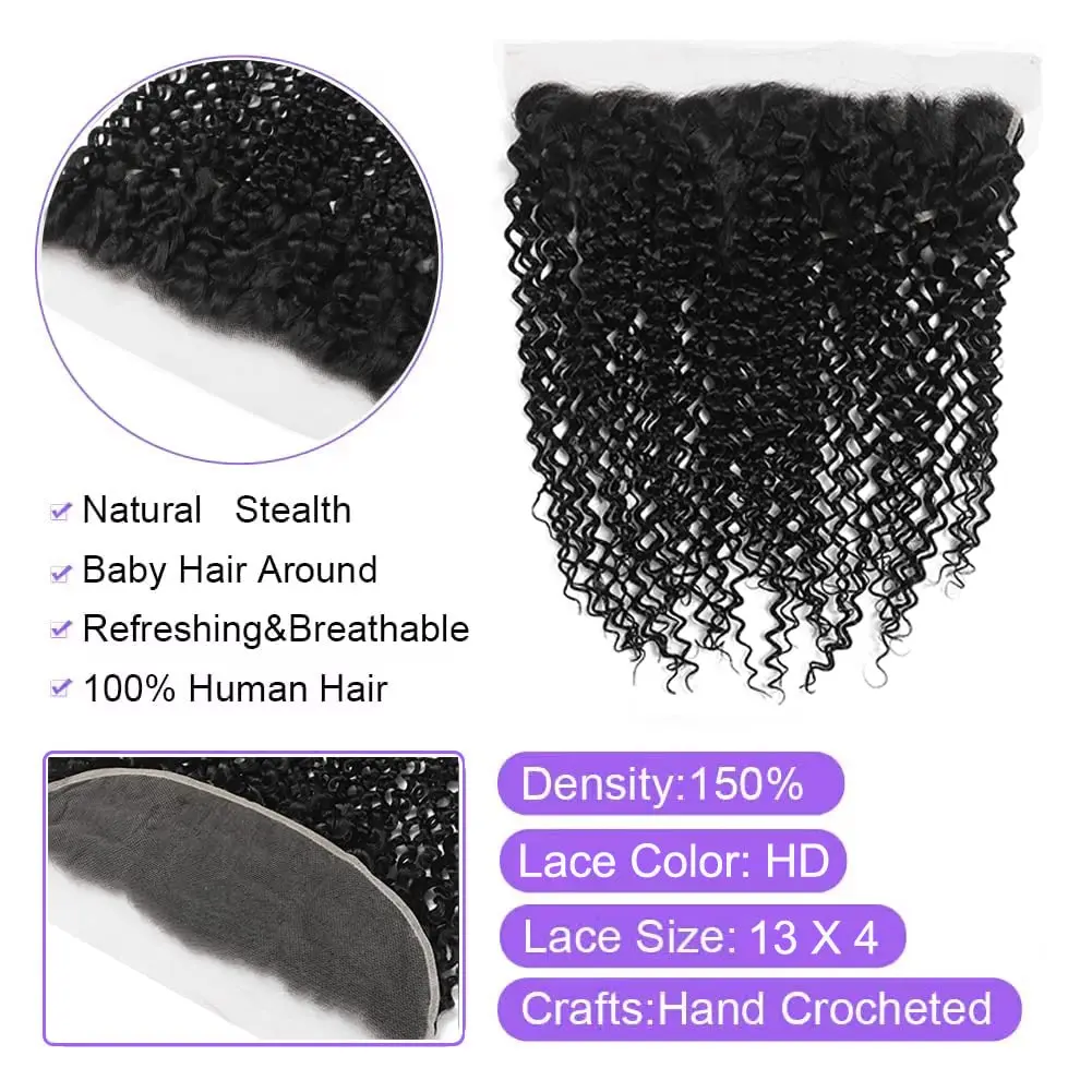 13x4 Lace Frontal Human Hair Deep Wave Frontal Pre Plucked with Baby Hair Transparent Lace Frontal Human Hair Frontal #1B