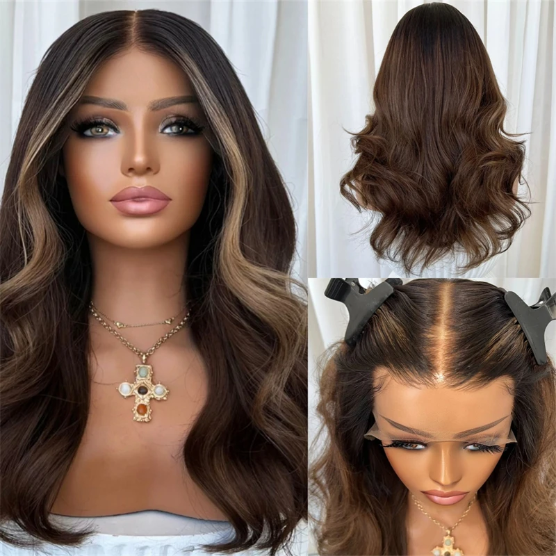 

Синтетический парик с кружевной основой Ombre Brunette Brown Highlights, женский парик с натуральной линией роста волос, предварительно проработанной линией ресничек, плотность 150%