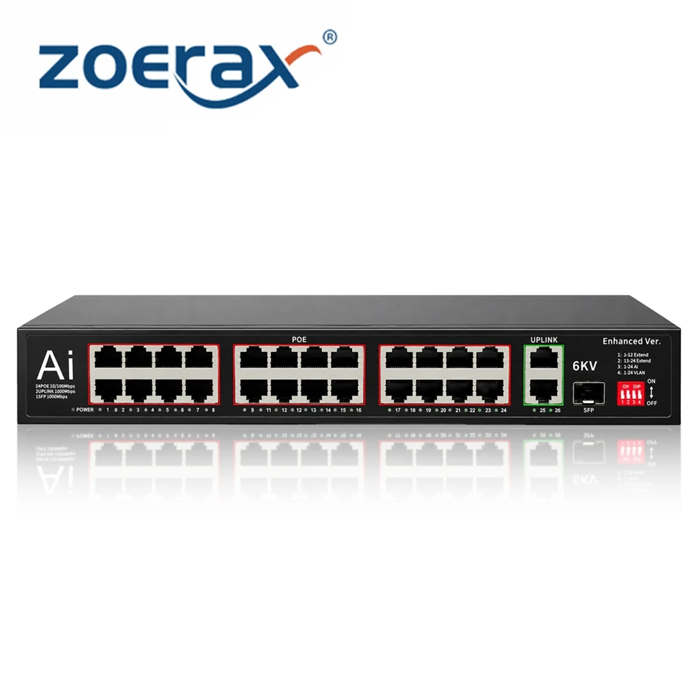 ZoeRax 24-Port Al POE Network Switch 2 Uplink 1 SFP Ｇigabit Al PoE Watchdog VLAN 250m Long Distance 6KV Lightning Protection