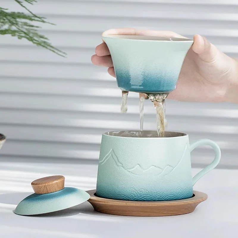 Creative Tea Water Separating Cup, Ceramic Household Office Items, Porcelain Belt Cover Filter Mug, Frosted Coffee Cup, 1Pc