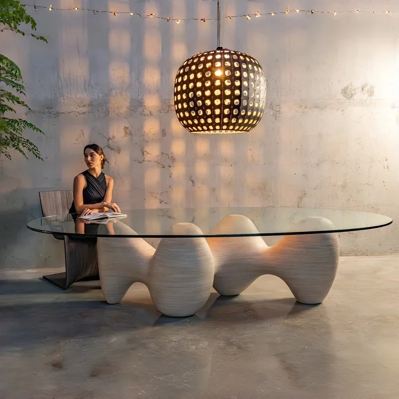 Glass surface light wood, bionic dining table, special-shaped art style light luxury dining table