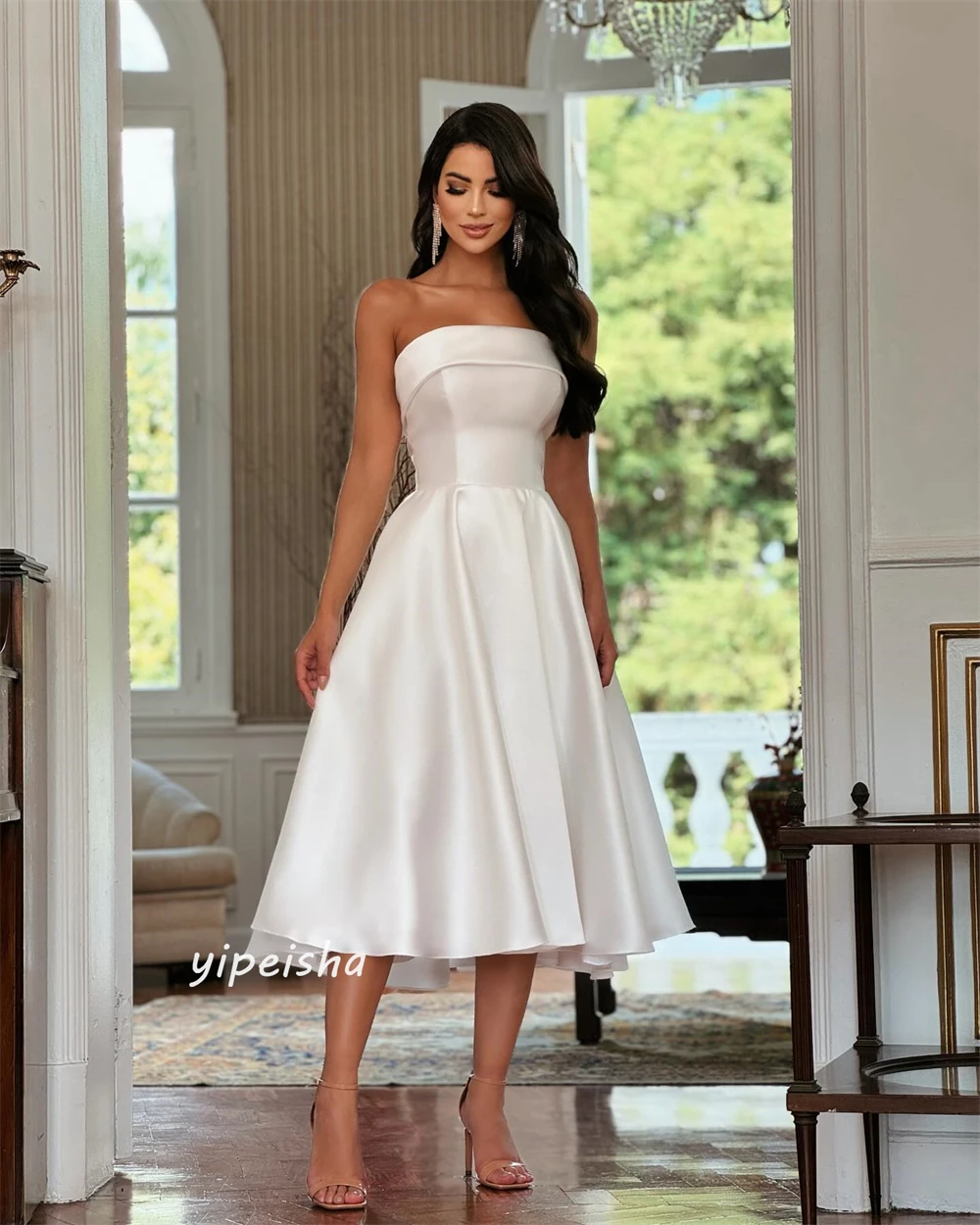 Robe de Bal en Satin pour Femme, Tenue de Soirée Classique, Formelle, Sans Bretelles, Longueur Thé, Ligne A, sur Mesure