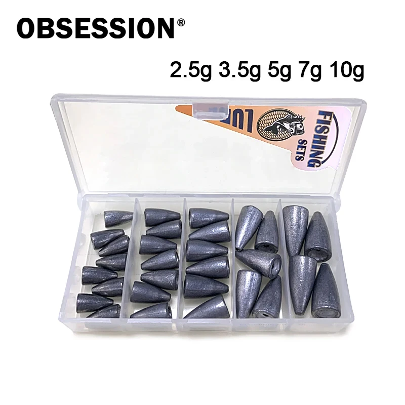 

OBSESSION A017 30pc/box 2.5g 3.5g 5g 7g 10g Quicker Sinking Bullet Weight Sinker Texas Rig Metal Sinker Set Fishing Accessories