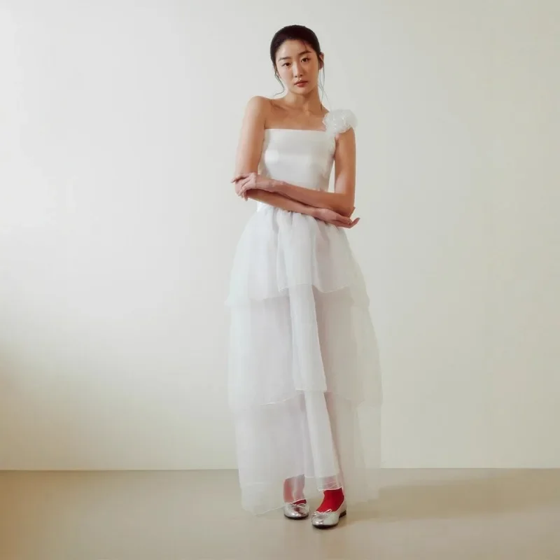 Single Shoulder Minimalist Travel Photography Light Wedding Dress, Outdoor Lawn Wedding Elegant Dress, White Gauze Dress 2026
