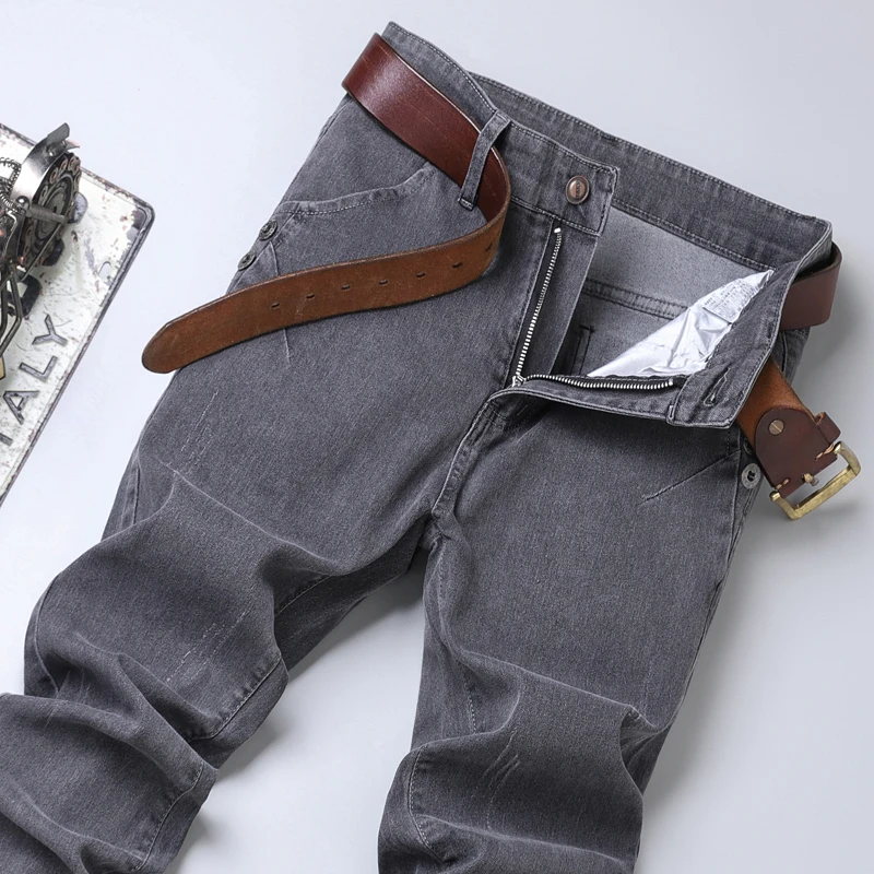 2026 New Pure Gray Korean Slim Jeans Men's Stretch Tight Trendy Jean Trousers Branded Streetwear Comfortable Man Clothing Pants