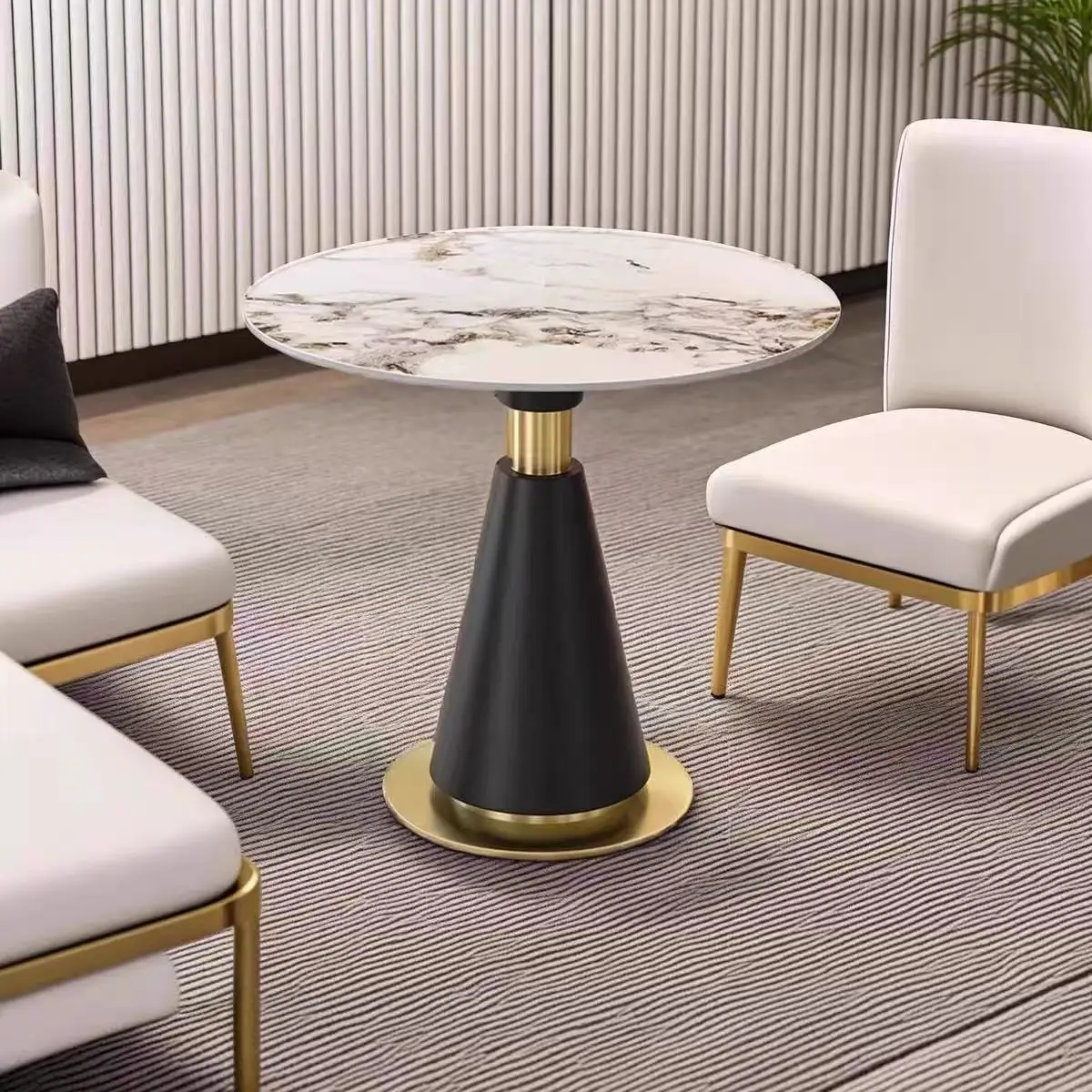 #Round Sintered Stone Coffee Table, Conical Metal Base Accent Table for Hotel