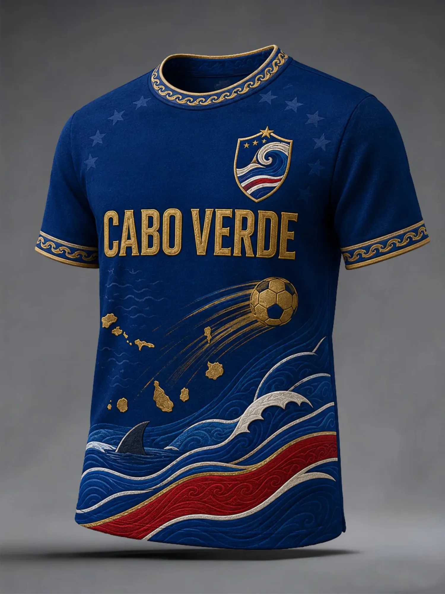 Mens Cabo Verde Crew Neck T Shirt Blue Wave Football Badge Print Short Sleeve Casual Top Island Beach Summer Style Daily Graphic
