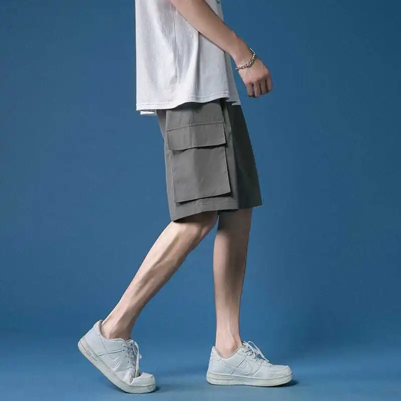 Short Cargo pour hommes, couleur unie, grande poche, ample, décontracté, coréen, tout-assorti