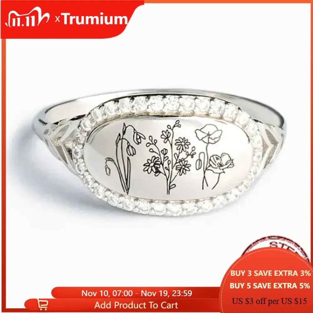 

Trumium Genuine 925 Sterling Silver Simple Flower Shinning Zircon rings for Women Men Wildflower Lover Wide Ring Jewelry