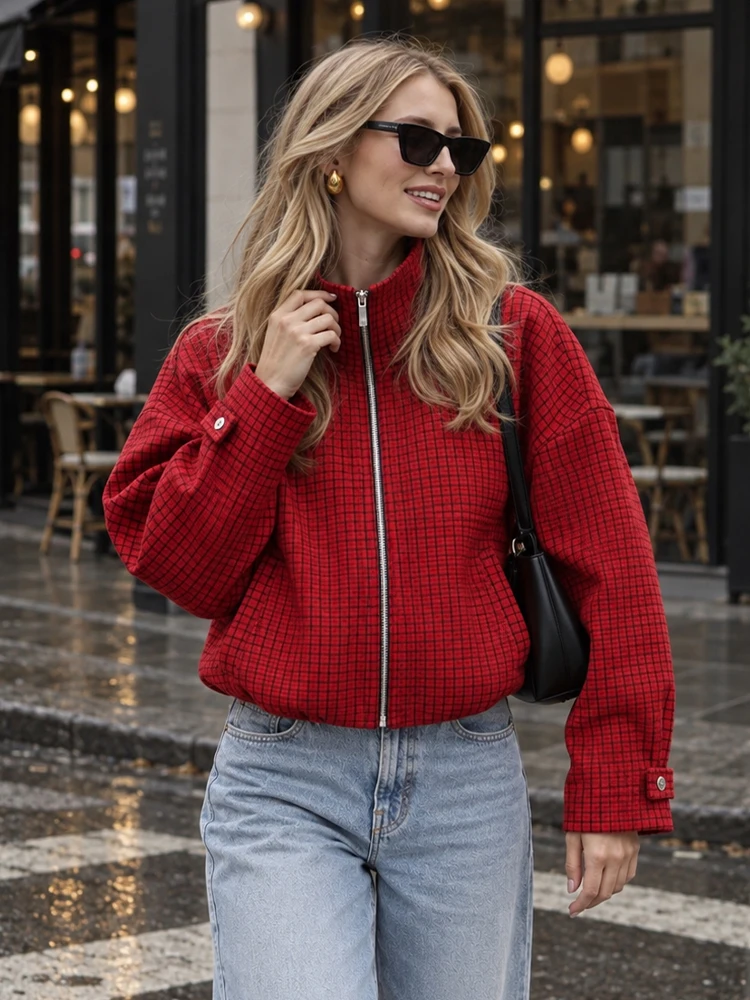 HH Women Fashion High Street Style Jacket Red Thin Plaid Zipper Placket With Pockets Loose Jacket Spring Autumn Y2K Casual Coat
