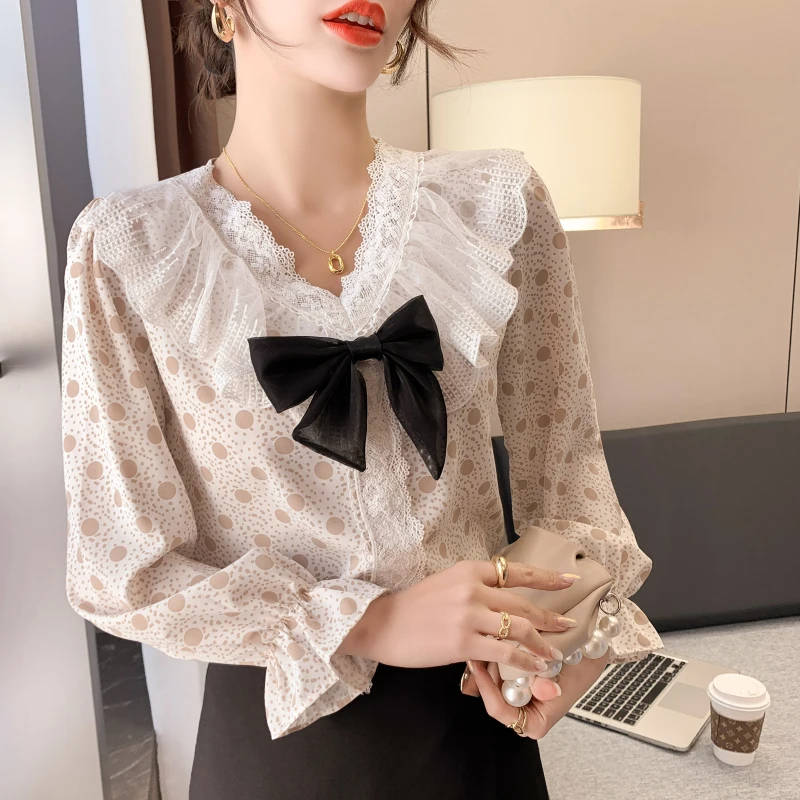 Luxury Polka Dot Blouse Women Autumn Chiffon Shirt Long Sleeve V Neck Lace Patchwork Tops Korean Chic Elegant Bow Tie Blouses