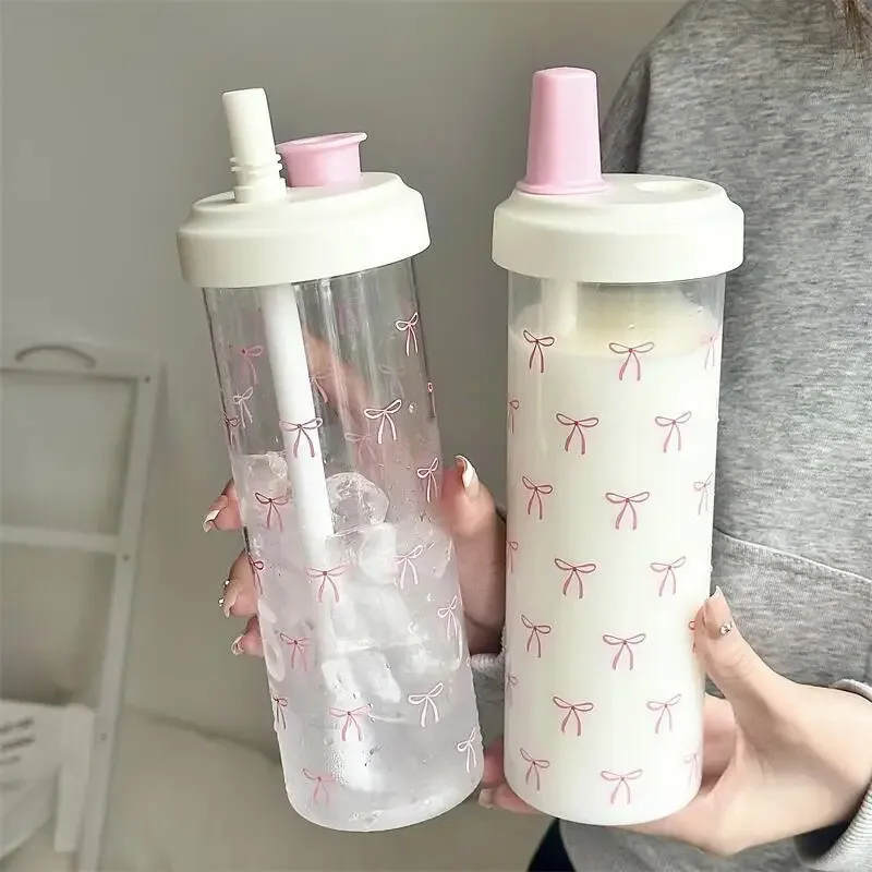 

700ml pink bow straw water bottle with lid, food grade plastic tumbler for girls, cute reusable cup for milk tea juice outdoor