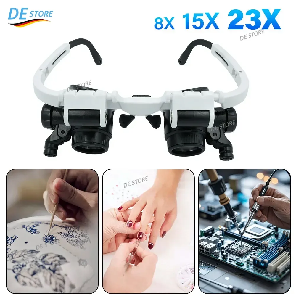 Lente d'ingrandimento a LED da indossare sulla testa, con lenti multiple regolabili (2X/8X/15X/23X), lente d'ingrandimento con fascia regolabile da indossare sulla testa, occhiali con lente