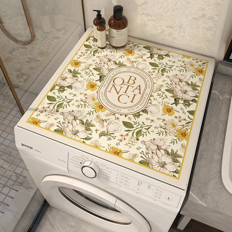 VIKAMA Vintage Daisy Floral Washing Machine Top Mat All Over Flower Gold Frame Text Waterproof Anti Dust Dryer Cabinet Pad