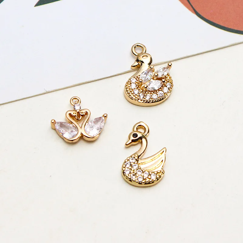 1pcs Copper Gold Plated Micro Inlay Zircon Swan Owl Necklace Pendant Diy Jewelry Earrings Accessories Materials Handmade Charms