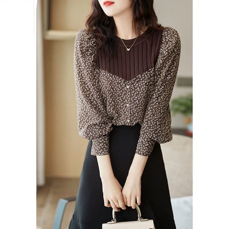 Vintage Printed Button Chiffon Spliced Floral Blouse Female Clothing 2023 Autumn New Oversized Casual Pullovers Korean Shirt