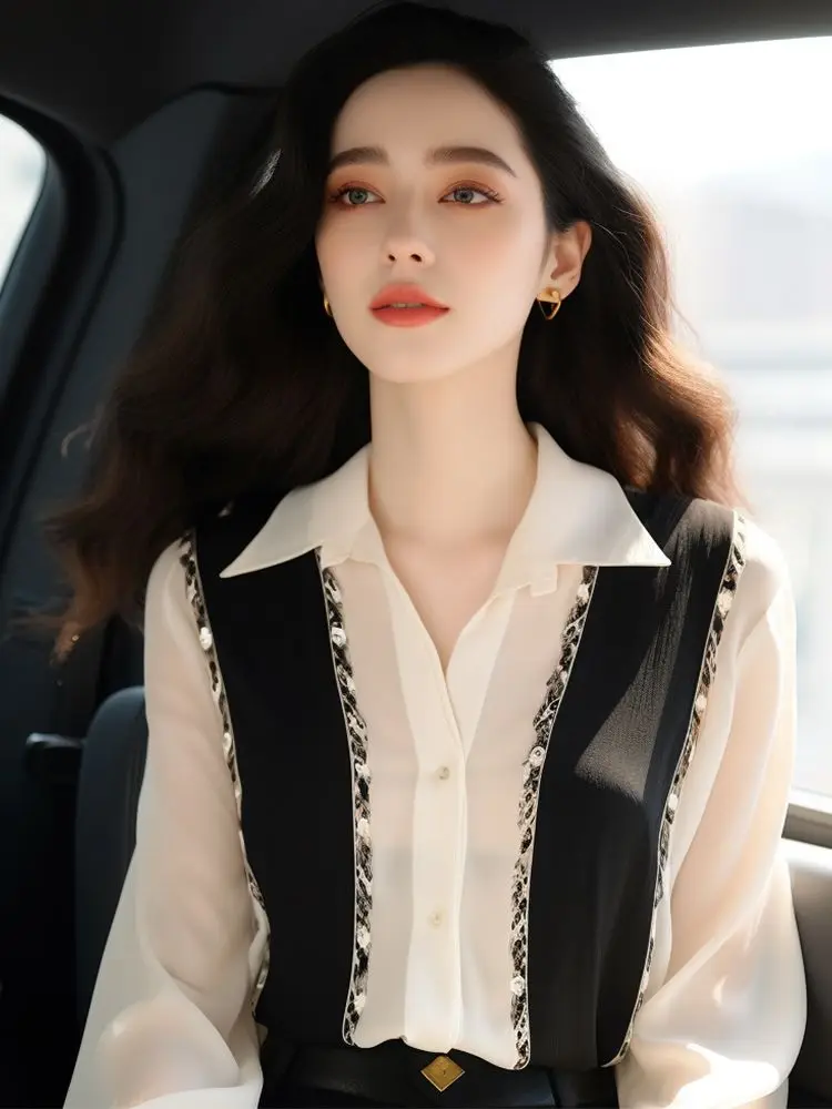 

SpringAutumn Unique Beautiful Shirt Korean Chic Elegant Advanced Sense Ultra Good-Looking Black Color Matching