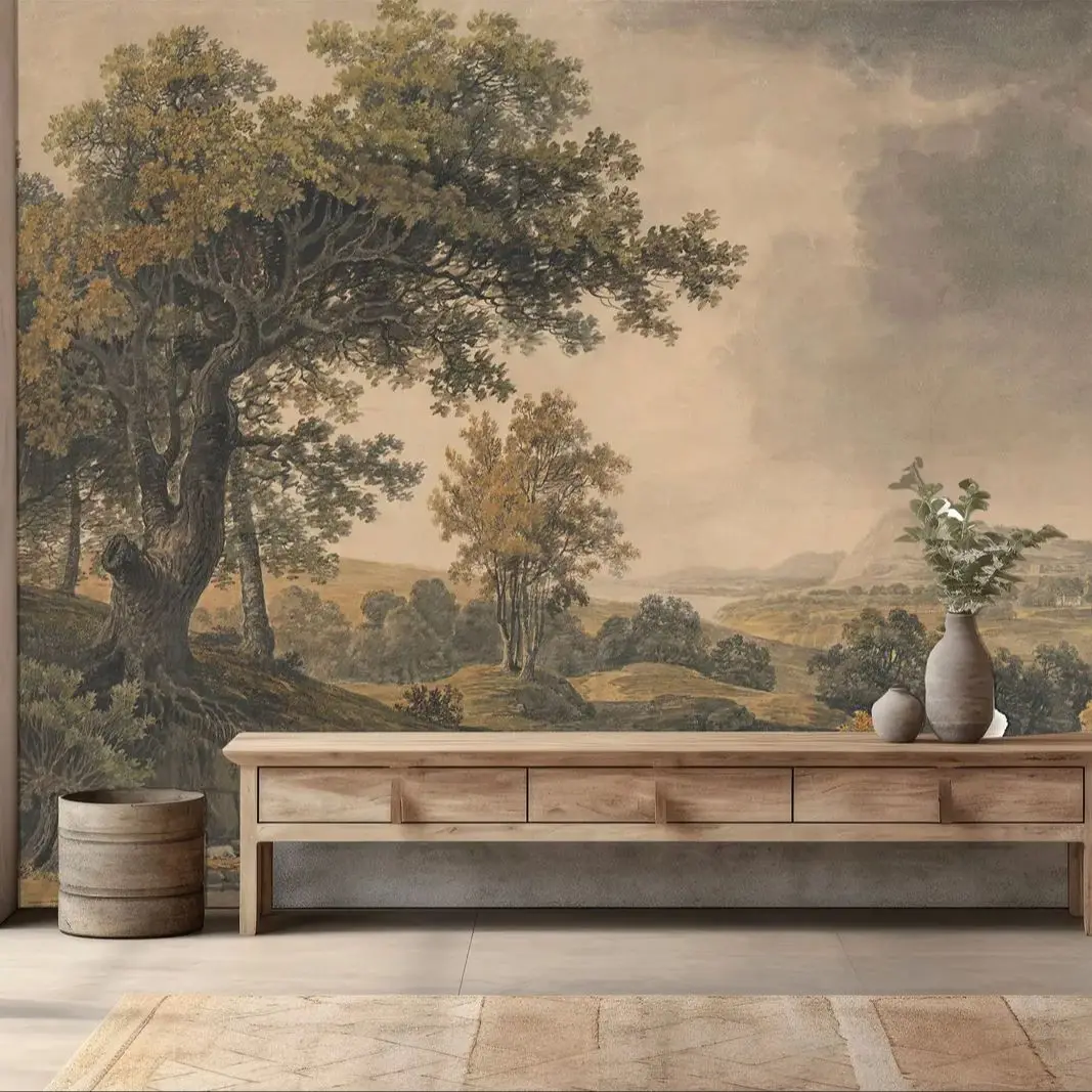 Vintage Landscape Wallpaper, Tree Landscape Watercolor Painting Scenic Wallpaper For Home Decor,Tradition Non-woven Wall Mural