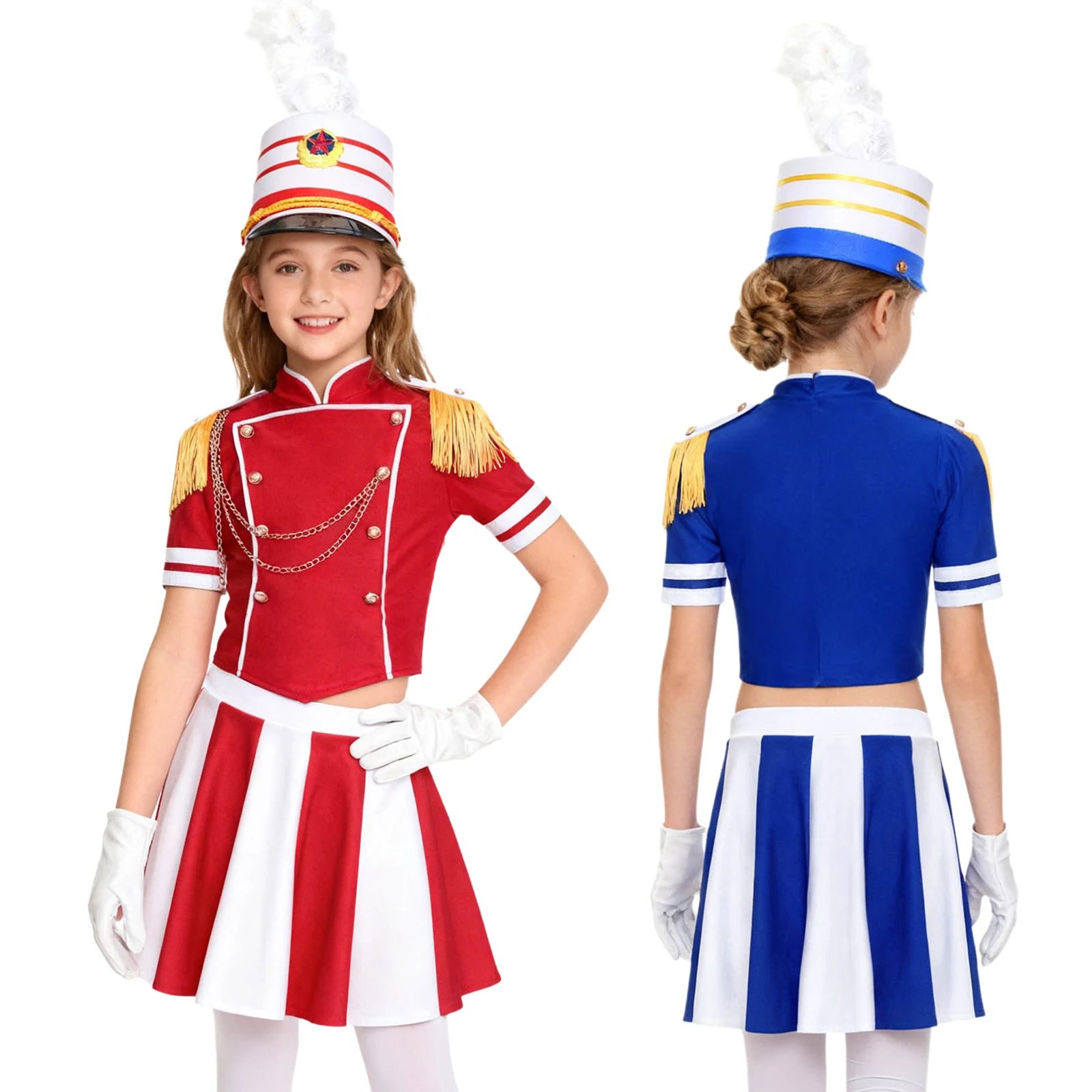 Boys Girls Drum Majorette Costume Outfit Epaulets Tassels Marching Band Team Uniform Top with Matched Ceremonial Hat and Gloves