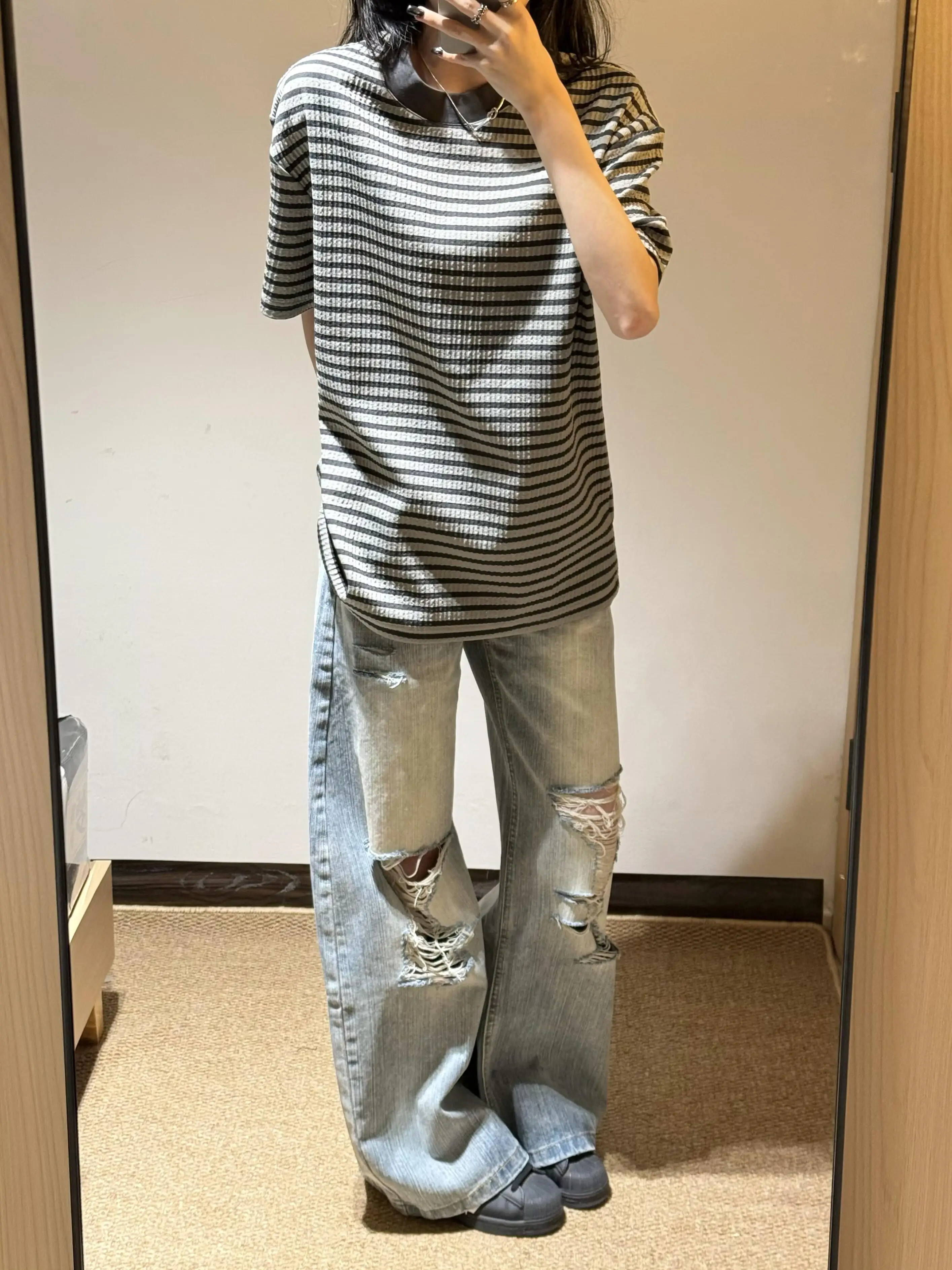 

Retro American Washed Denim Jeans High Waist Loose Slim Straight Leg Wide Leg Pants for Women Summer New Style Casual Zipper