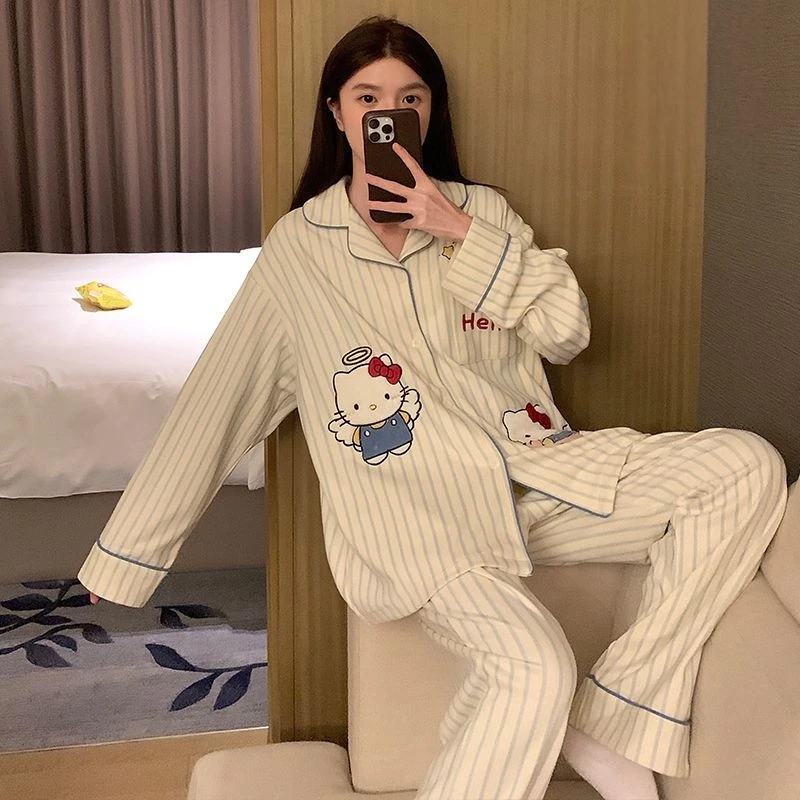 

Hello Kitty Women's 2025 Winter Dralon Button Down Collar Cardigan Pajama Set Long Sleeve Pants Cute Comfortable Home Loungewear