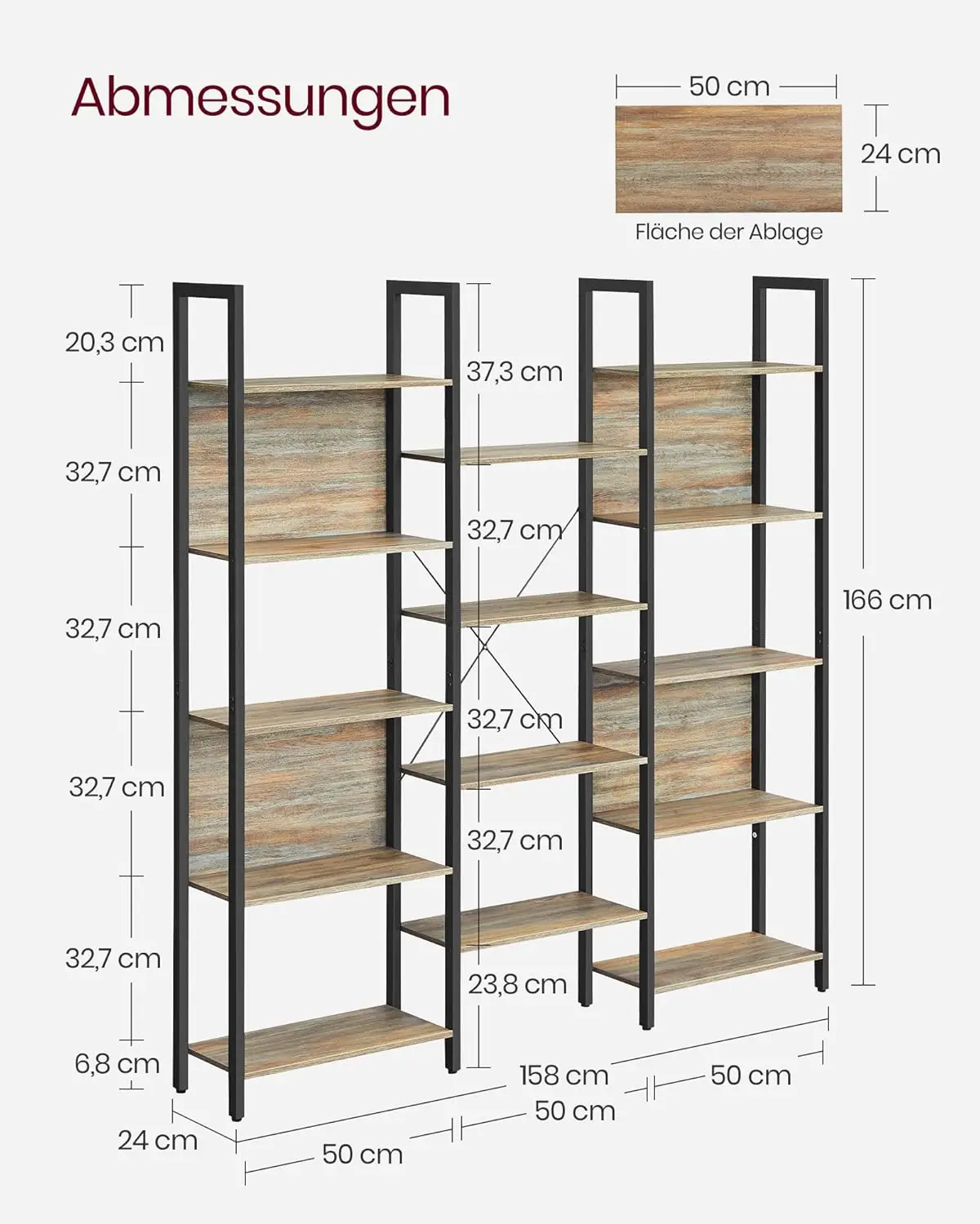 VASAGLE bookcase, ladder rack, 24x158x166 cm, 14 shelves, metal