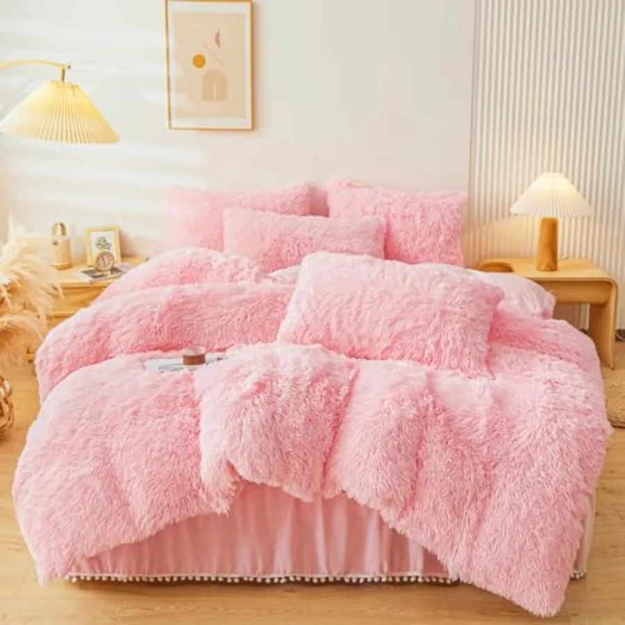 

Fluffy Faux Fur Comforter Cover Set - Plush Bedding 4Pcs 1 Duvet Cover + 2 Pillowcases + 1 Velvet Bed Skirt Queen Size Bed Set