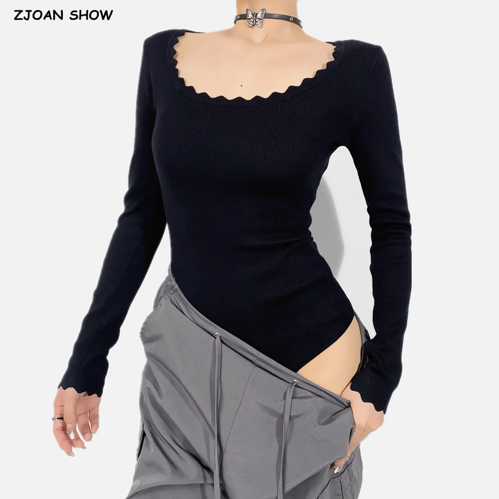 3 ألوان ربيع الخريف موجة خط س الرقبة الحياكة طويلة الأكمام ارتداءها للمرأة بذلة قصيرة الخصر النحيف السروال القصير بلايسوت الأسود