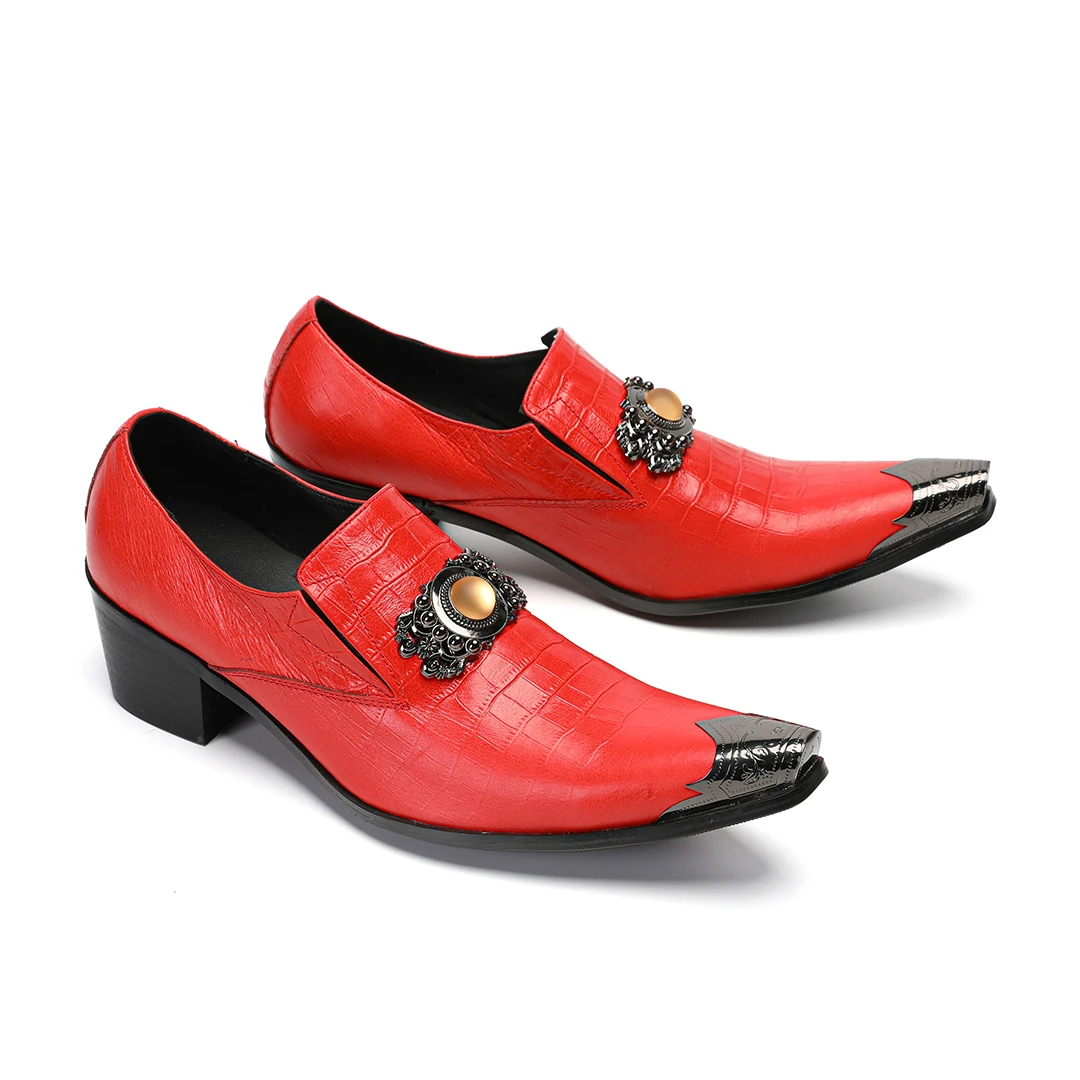 

Red Genuine Leather Men Shoes Plus Size Metal Pointed Toe Business Dress Shoes Footwear Male Formal Wedding Party Brogue Shoes
